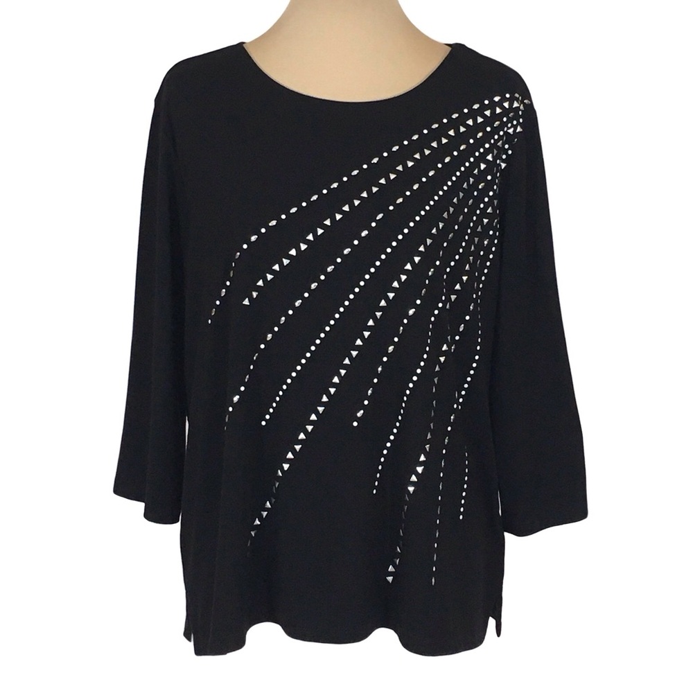 Alfred Dunner Black Faux Rivet 3/4 Length Sleeve Blouse, Petite XL